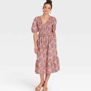 Universal Thread Pink Puffed Sleeve Smocked Paisley Midi Dress - Size Medium